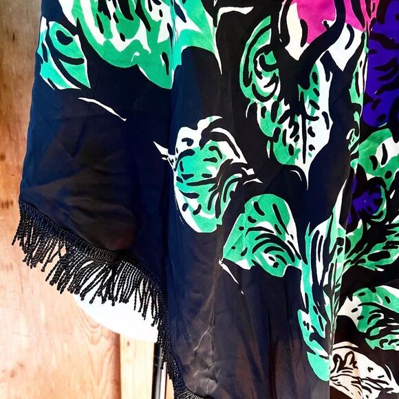 OVERSIZED TASSELED & FRINGED 40’s 40s Black Rayon Crepe Floral Piano Shawl Wrap - Picture 7 of 10